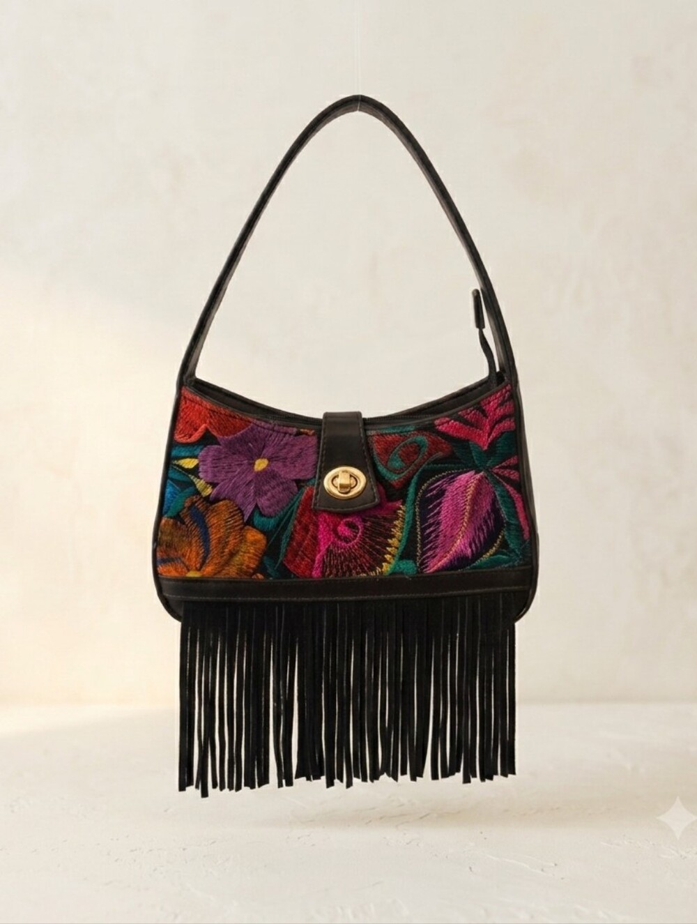 Embroidered Fringe Shoulder Bag